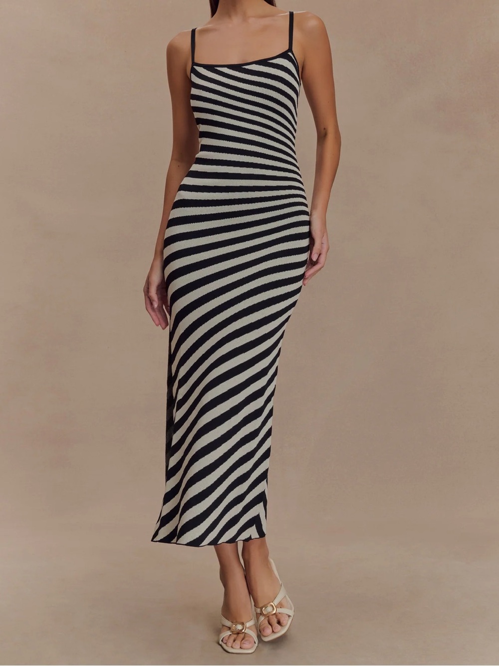 Meshki Black and Cream Striped Midi Dress with Slim Straps